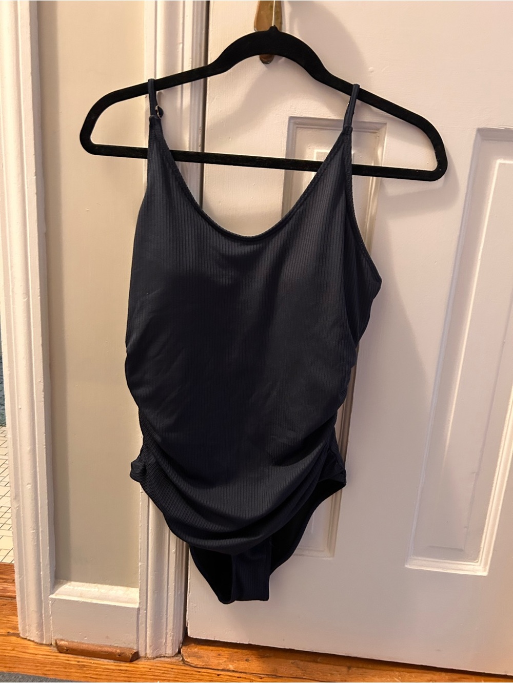 Women’s Navy Blue Ruched Open Back One-Piece Swimsuit Size S